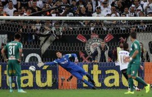 xxx of Corinthians fights for the ball with xxx of Coritiba during the match between Corinthians and Coritiba for the Brazilian Series A 2015 at Arena Corinthians on November 7, 2015 in Sao Paulo, Brazil.