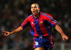 F.C. Barcelona's Brazilian striker Luis Ronaldo celebrates after scoring a goal during a Cup Winner's Cup 1st. round 1st leg soccer match against AEK Larnica of Cyprus Thursday Sept. 12, 1996. (AP Photo/Denis Doyle)