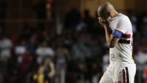 Maicon, of Brazil's Sao Paulo, reacts after getting the red card during their 2016 Copa Libertadores semifinal first leg football match against Colombia's Atletico Nacional held at Morumbi stadium, in Sao Paulo, Brazil, on July 6, 2016. / AFP / Miguel Schincariol        (Photo credit should read MIGUEL SCHINCARIOL/AFP/Getty Images)