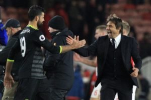 Diego e Conte, celebrando vitória sobre o Middlesbrough