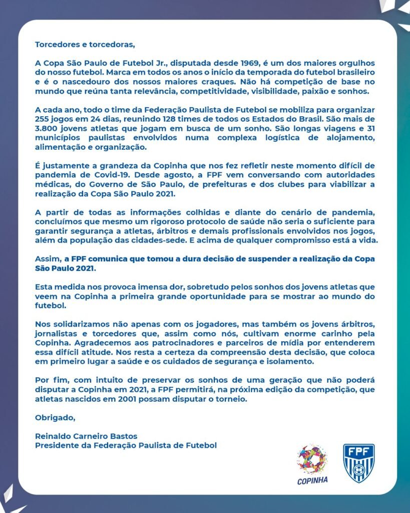 Copinha 2021 é cancelada.