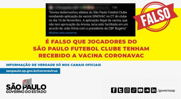 Governo de São Paulo desmente que jogadores do São Paulo tenham sido vacinados contra Covid-19