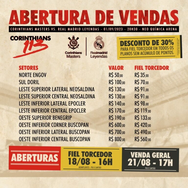 Corinthians abre venda de ingressos para amistoso de lendas contra o Real Madrid