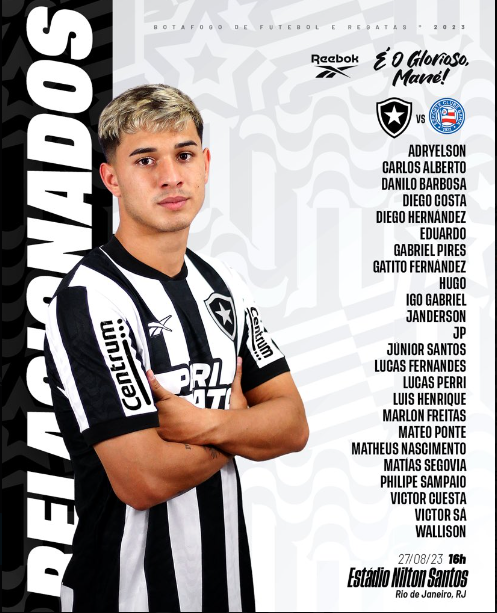 Botafogo divulga lista de relacionados para o duelo contra o Bahia, neste domingo, no Estádio Nilton Santos.
